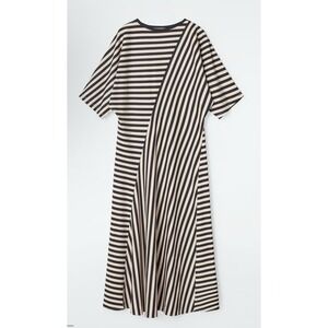 COS Black & Beige Striped Pattern Jersey Short Sleeve Midi Dress - Size XS‎